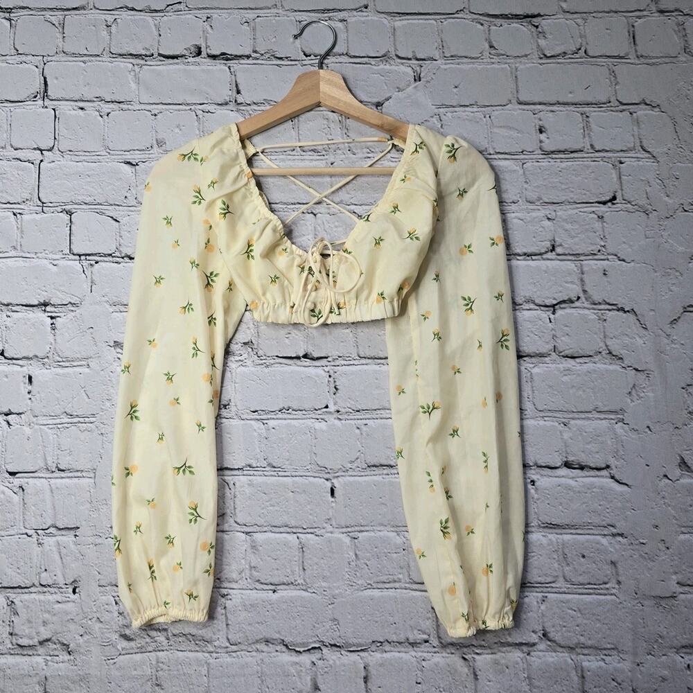 Princess Polly Violetta Yellow‎ Floral Crop Top Balloon Sleeve Open Back Size 4